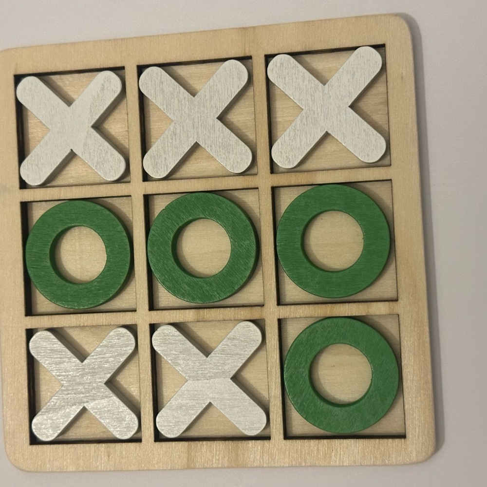 Wooden Tic Tac Tow Puzzle Game-Classic XO Strategy Board Game. Green and White.